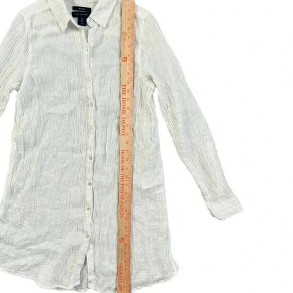 TAHARI Size S 100% Linen TunicShirt Button Front Roll Tab Sleeve Side Slit White - Picture 4 of 7